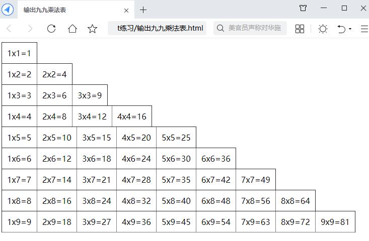 Js在頁(yè)面輸出九九乘法表，加邊框